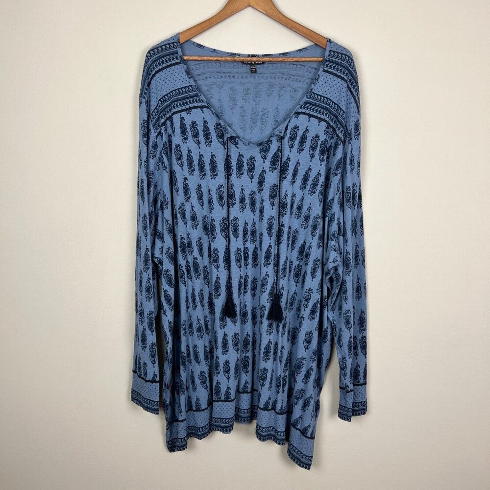 ULLA POPKEN Top‎ Womens 28/30 Blue Boho Paisley Tassel V-Neck Long Sleeve Cotton